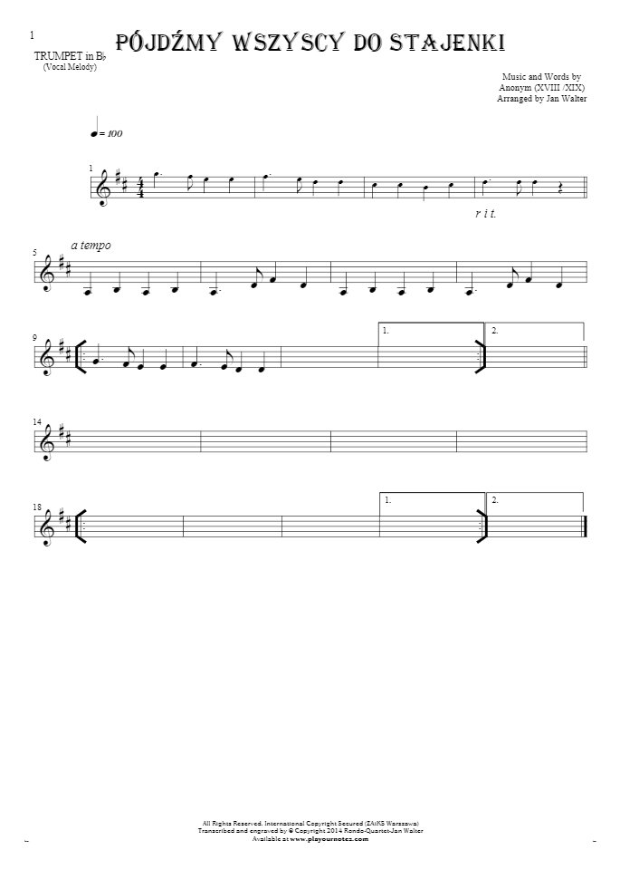 Pójdźmy wszyscy do stajenki - Notes for trumpet - melody line