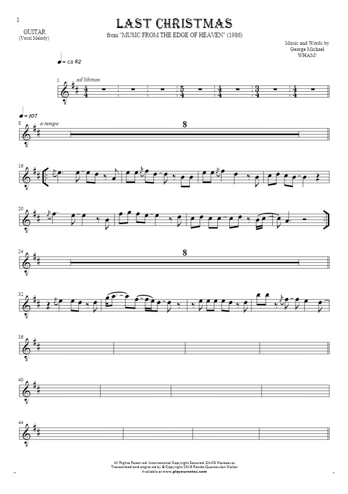 Last Christmas - Notes for guitar - melody line