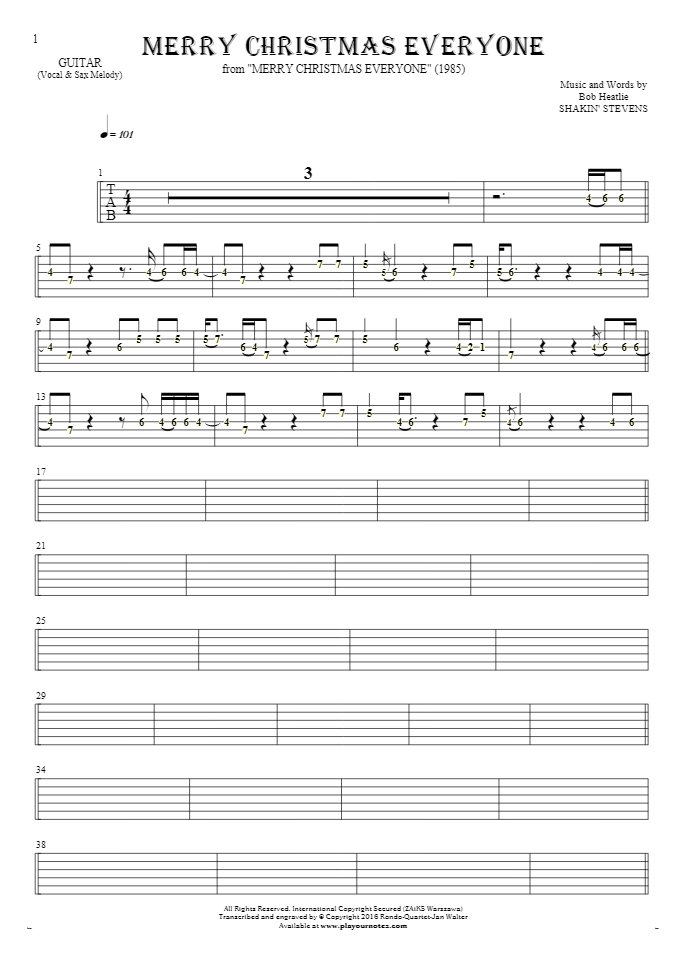 Merry Christmas Everyone - Tablature (rhythm. values) for guitar - melody line