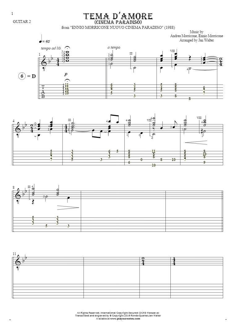 Love Theme (Cinema Paradiso) - Notes and tablature for guitar - guitar 2 part
