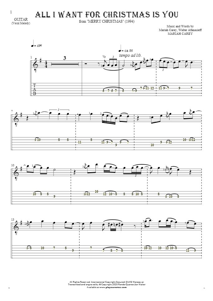 All I Want For Christmas Is You - Notes and tablature for guitar - melody line
