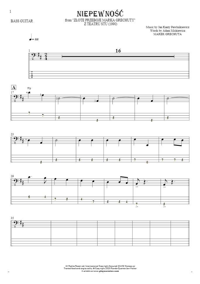 Uncertainty - Notes and tablature for bass guitar