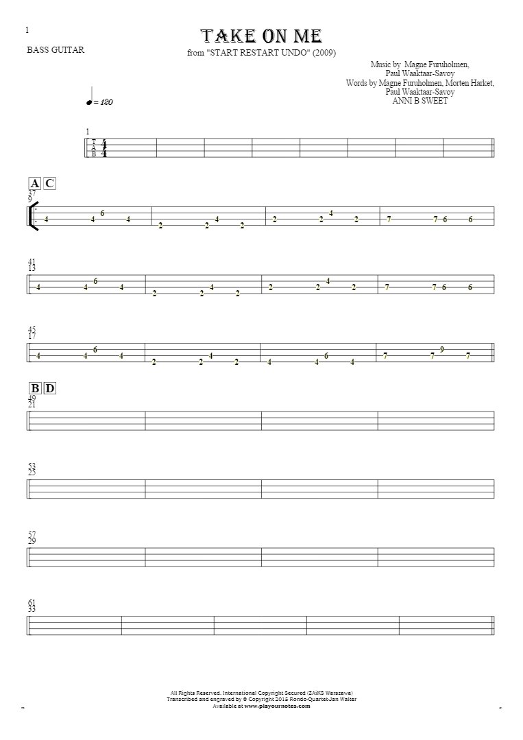 Take On Me - Tablature for bass guitar