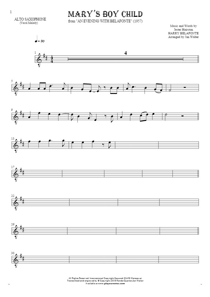 Mary's Boy Child - Notes for alto saxophone - melody line