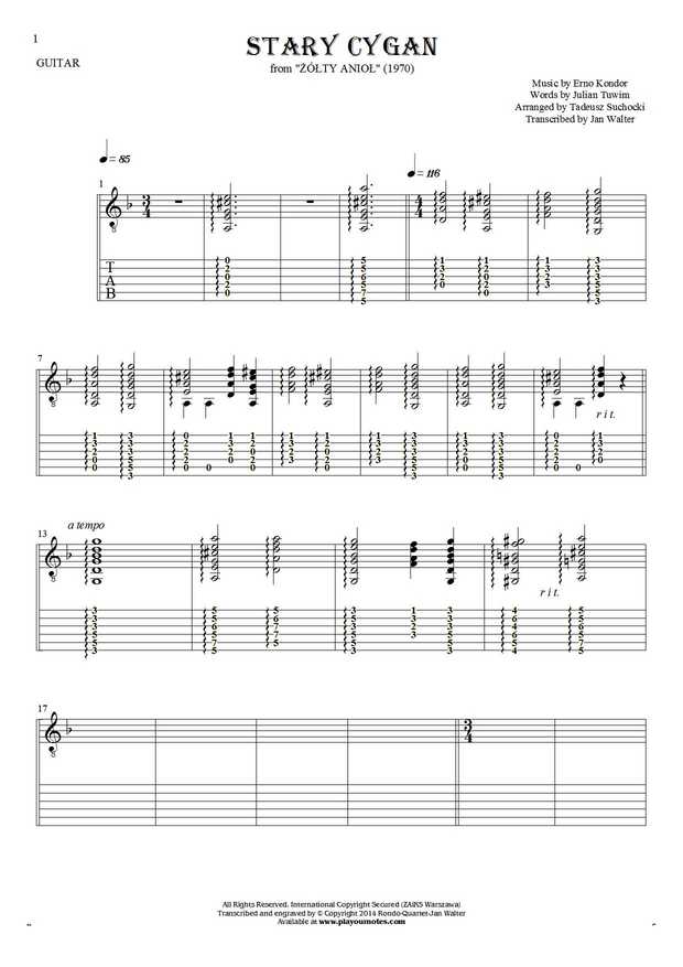 The old Gipsy - Notes and tablature for guitar