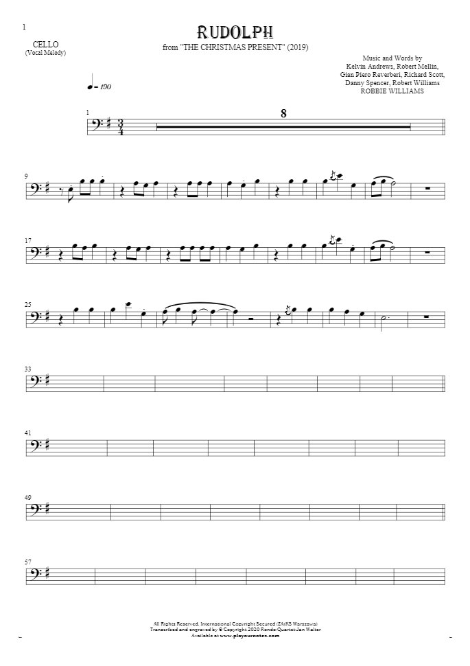 Rudolph - Notes for cello - melody line