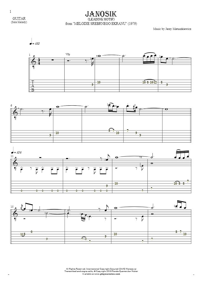 Janosik - Führende Motiv - Noten und Tabulatur für Gitarre - Melodielinie