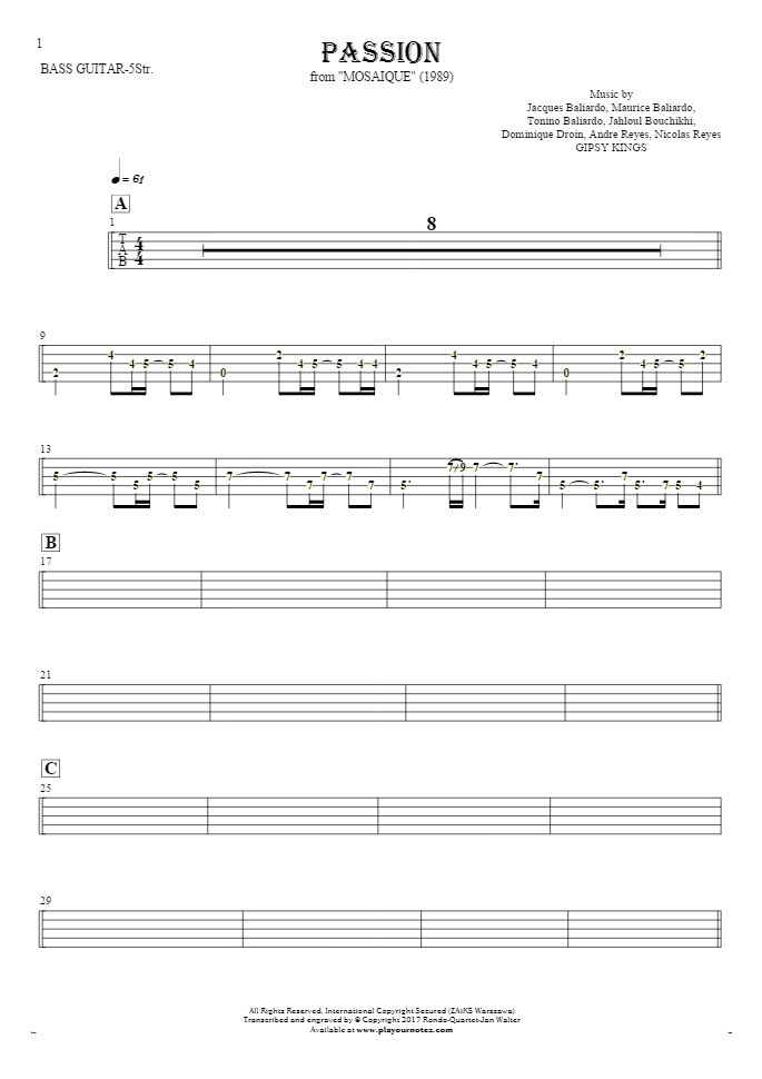 Passion - Tabulatura (wartości rytm.) na gitarę basową (5-str.)