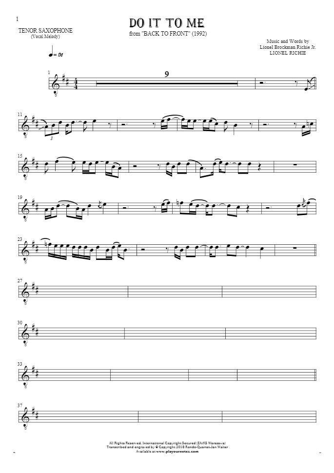 Do It To Me - Notes for tenor saxophone - melody line