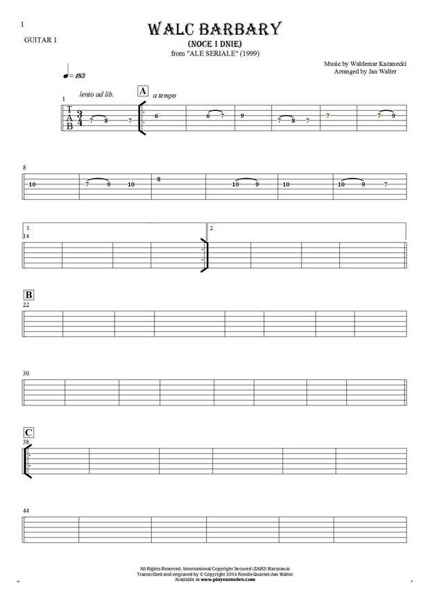 Walc Barbary (Noce i Dnie) - Tablature for guitar - guitar 1 part
