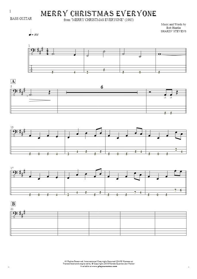 Merry Christmas Everyone - Notes and tablature for bass guitar