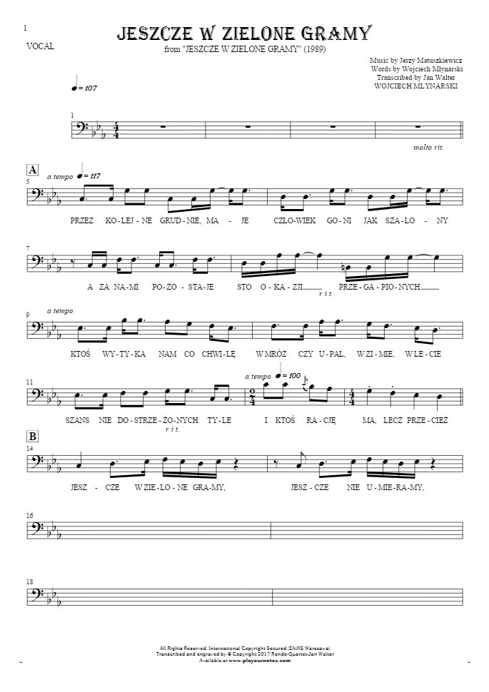 Jeszcze w zielone gramy - Noten und Liedtekst-(Bass-Schlüssel) für Gesang - Melodielinie