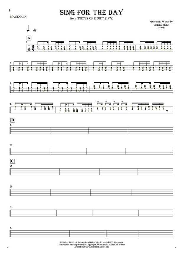 Sing for the Day - Tablature (rhythm values) for mandolin