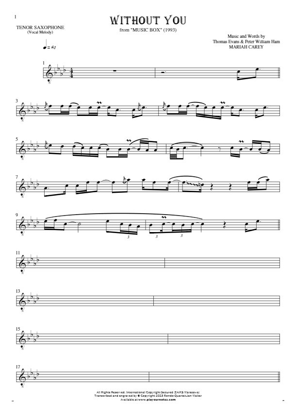 Without You - Notes for tenor saxophone - melody line