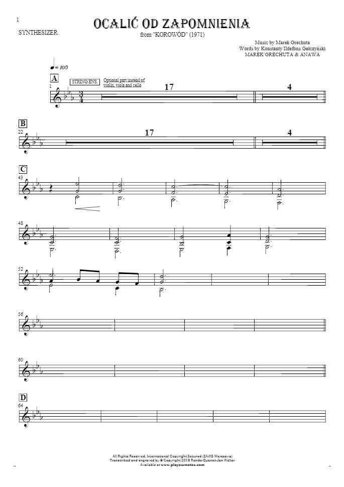 Retten aus der Vergessenheit - Noten für Synthesizer - Violine, Viola, Violoncello
