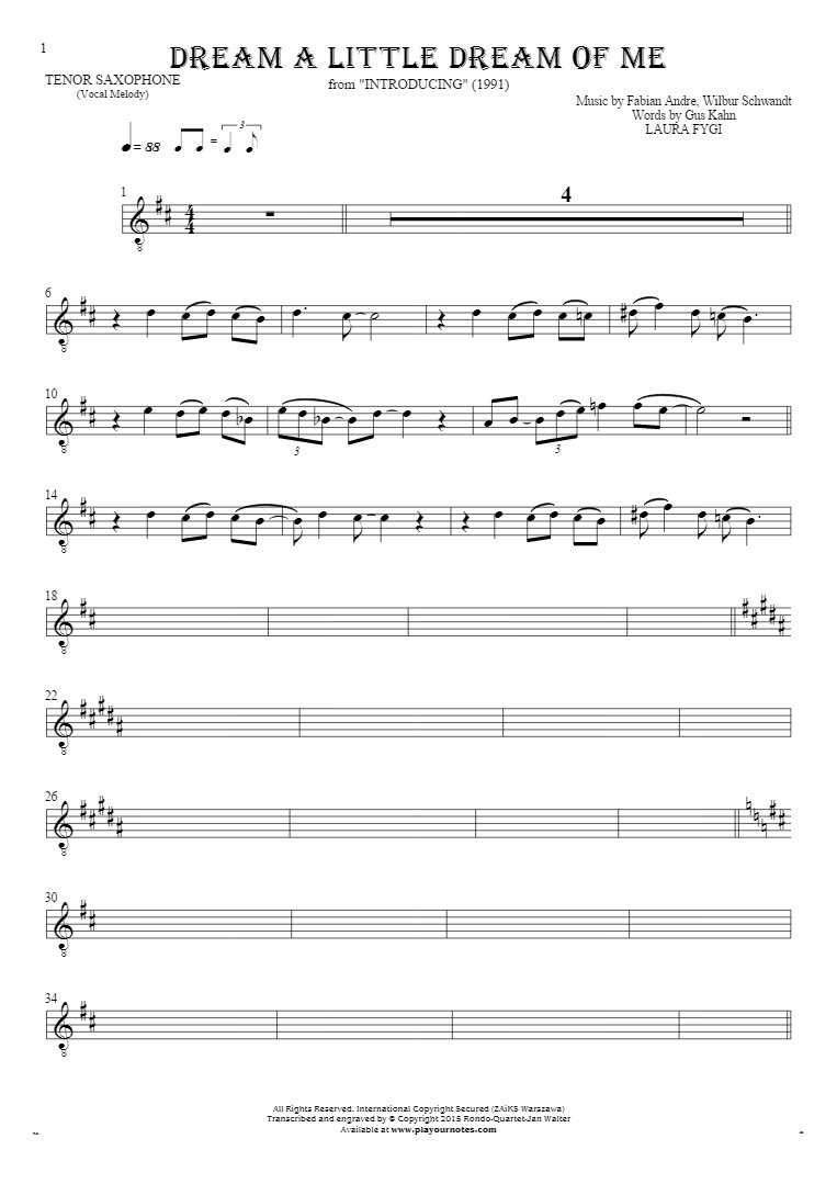 Dream a Little Dream of Me - Notes for tenor saxophone - melody line
