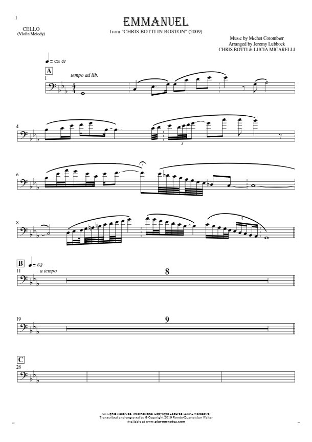 Emmanuel - Noten für Violoncello - Violinstimme