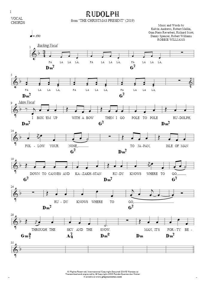 Rudolph - Noten, Liedtekst und Akkorde für Gesang mit Begleitung