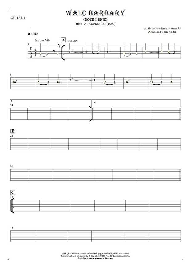 Walc Barbary (Noce i Dnie) - Tablature (rhythm values) for guitar - guitar 1 part