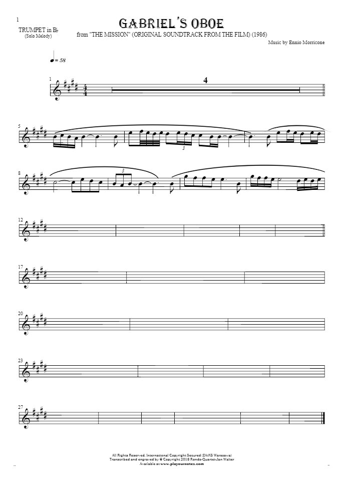 Gabriel's Oboe - Notes for trumpet - melody line