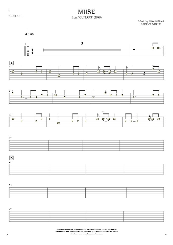 Muse - Tablature (rhythm. values) for guitar - guitar 1 part