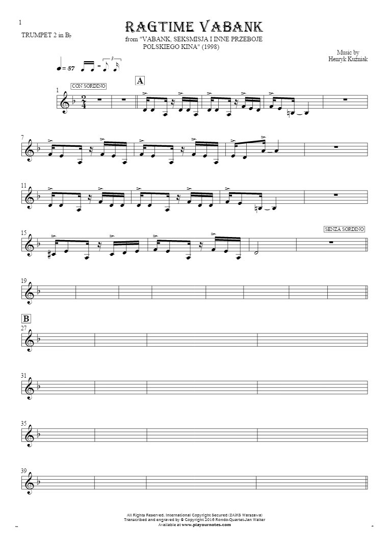 Ragtime Vabank - Notes for trumpet - trumpet 2