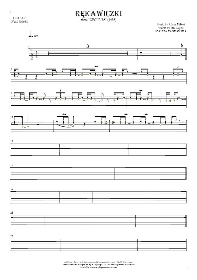 Rękawiczki - Tablature (rhythm. values) for guitar - melody line
