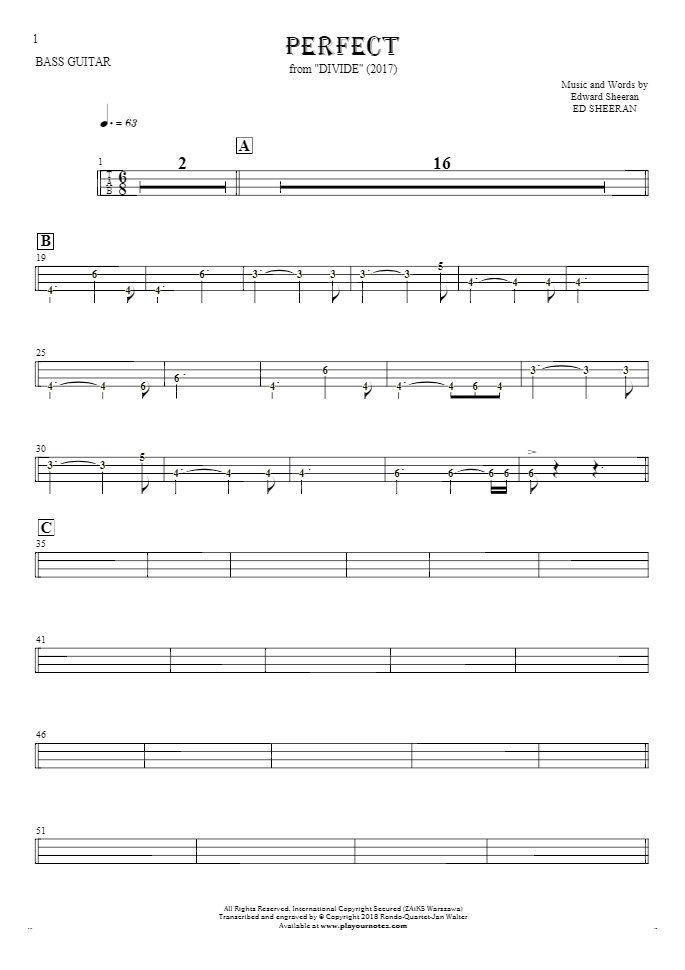 Perfect - Tablature (rhythm. values) for bass guitar