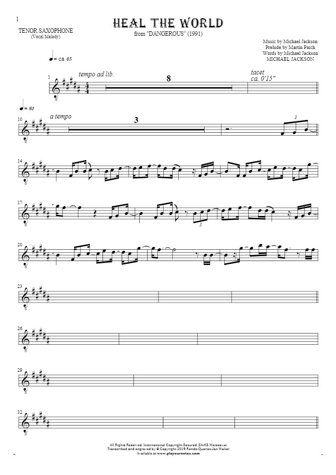 Heal The World - Noten für Tenor Saxophon - Melodielinie