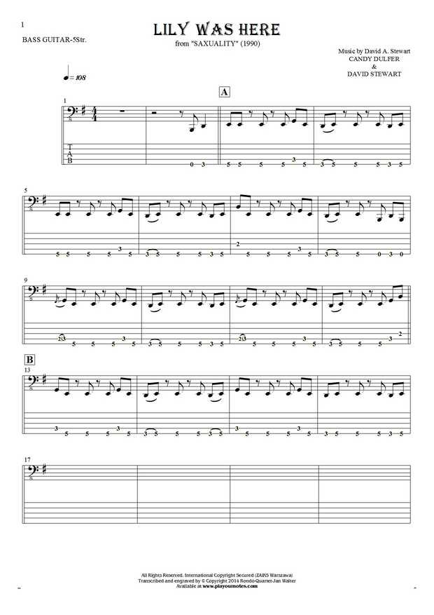 Lily Was Here - Notes and tablature for bass guitar (5-str.)