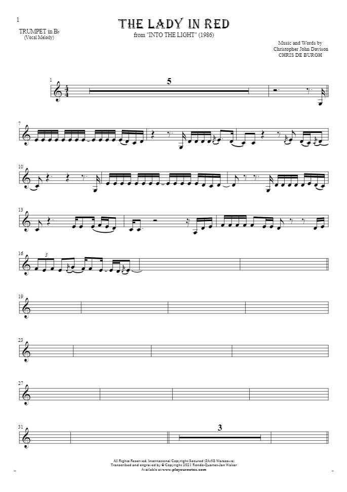 The Lady in Red - Notes for trumpet - melody line