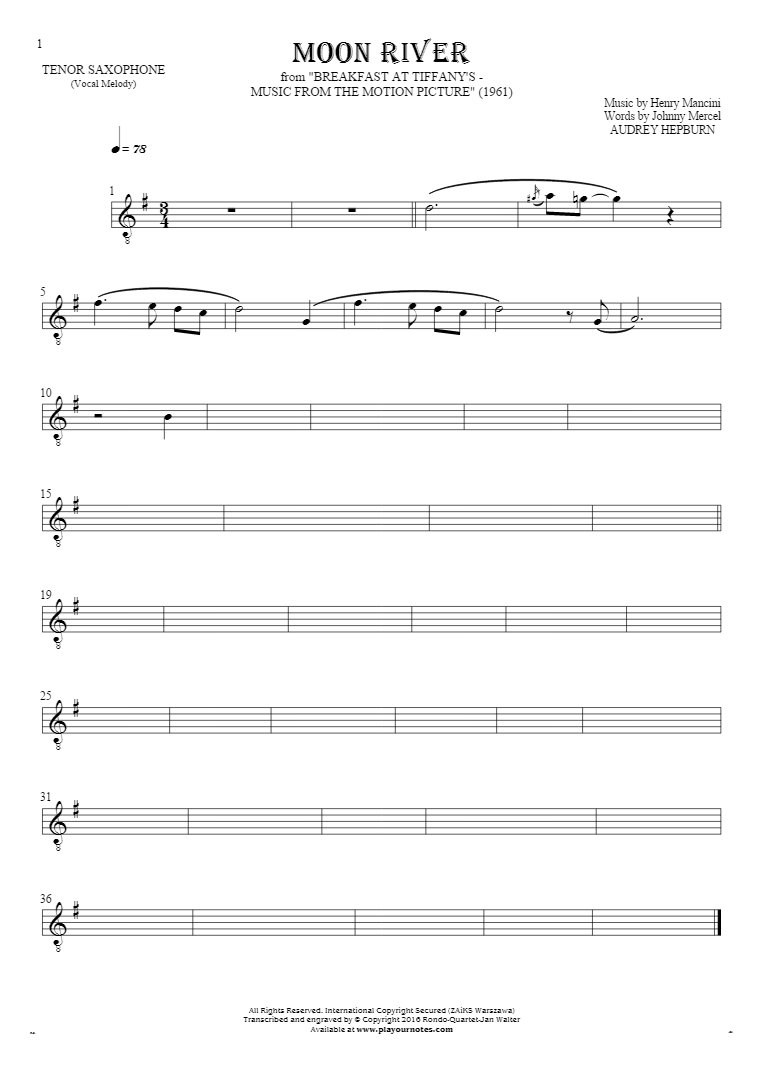Moon River - Notes for tenor saxophone - melody line