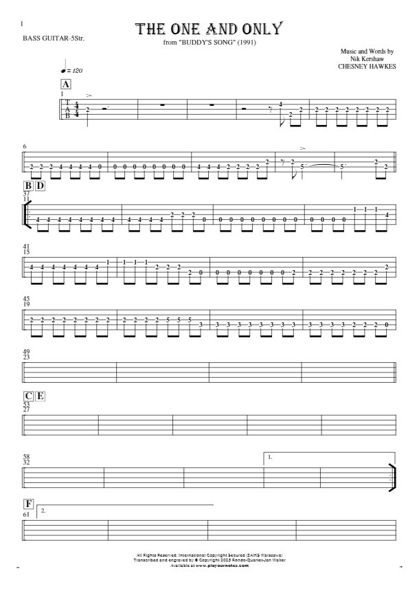 The One And Only - Tablature (rhythm. values) for bass guitar