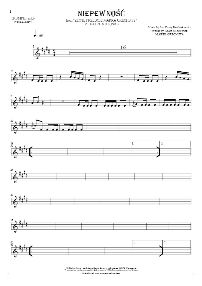 Uncertainty - Notes for trumpet - score