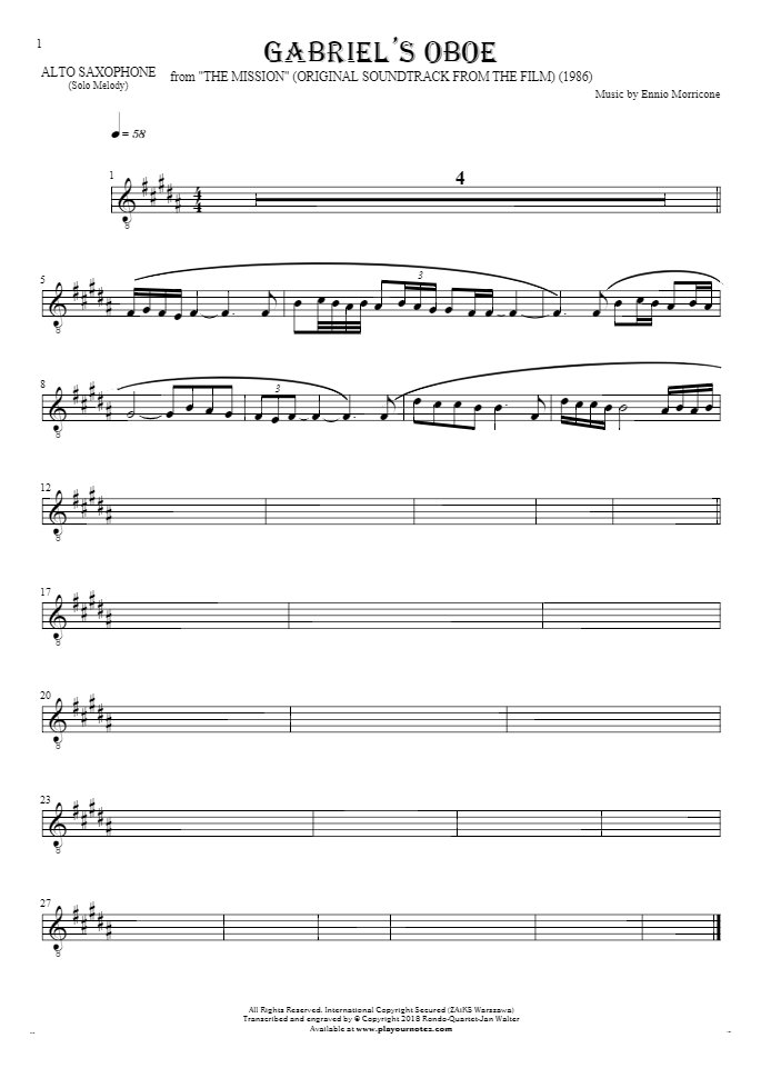 Gabriel's Oboe - Notes for alto saxophone - melody line