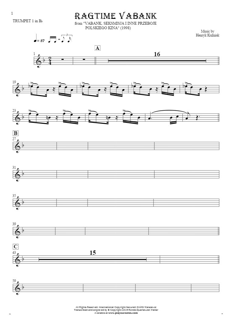 Ragtime Vabank - Notes for trumpet - trumpet 1
