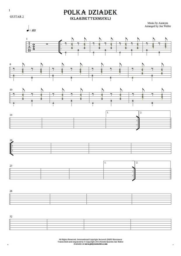 Polka Dziadek (Klarinettenmuckl) - Tablature (rhythm values) for guitar - guitar 2 part