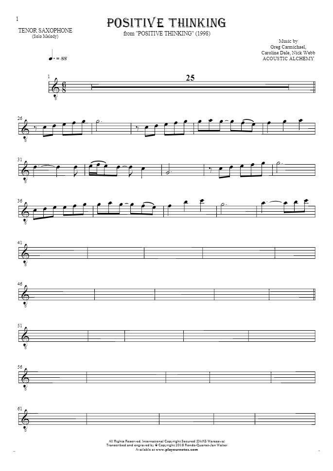 Positive Thinking - Notes for tenor saxophone - melody line