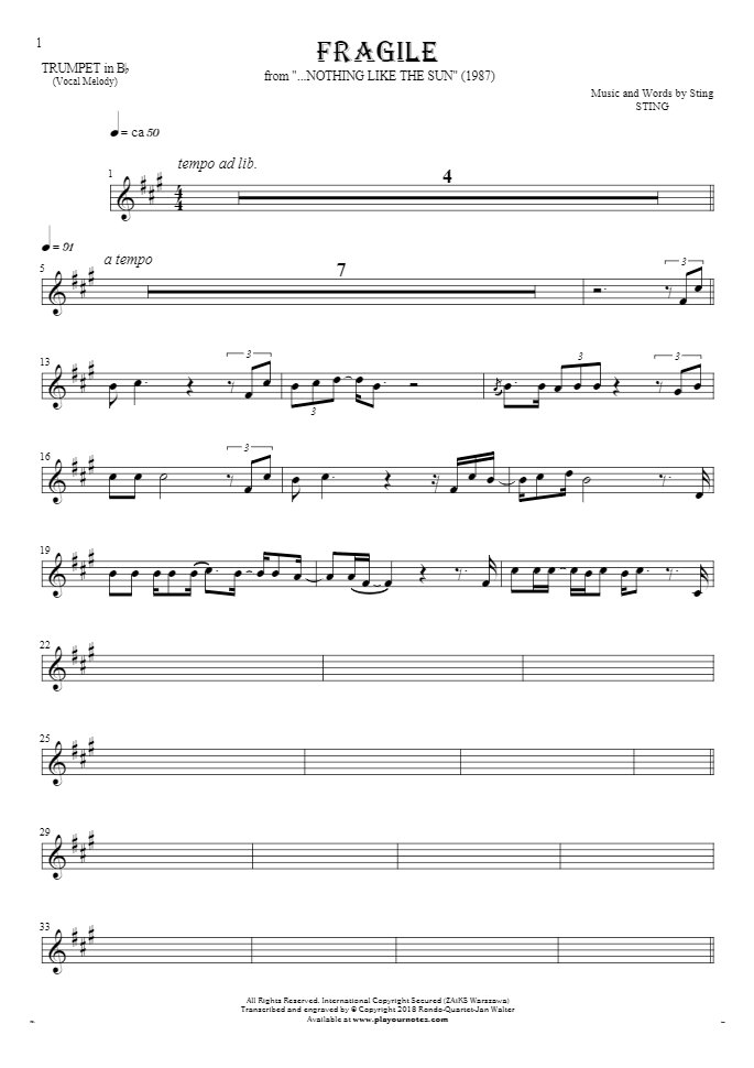 Fragile - Notes for trumpet - melody line