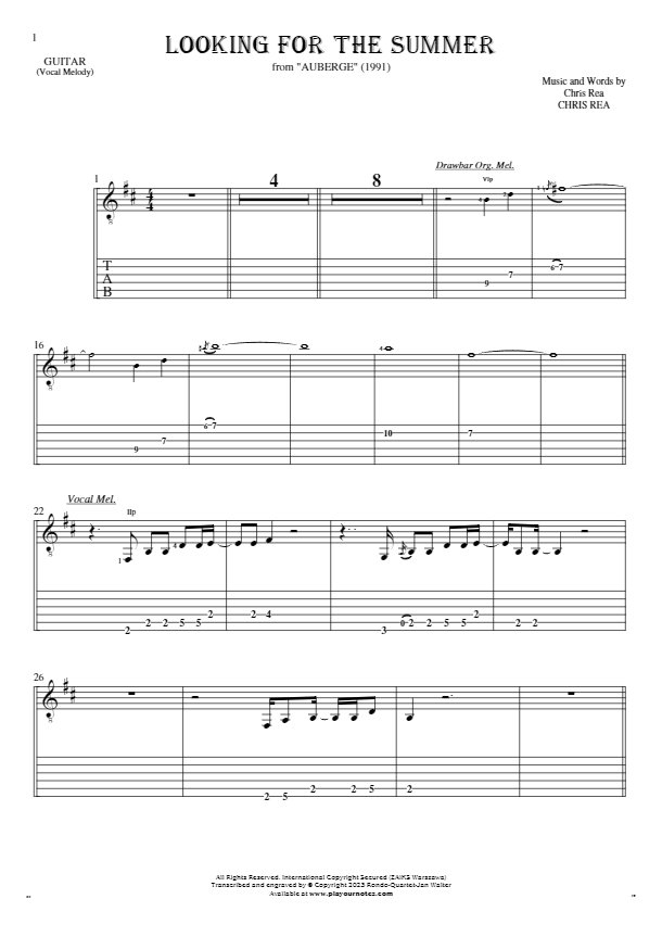 Looking For The Summer - Notes and tablature for guitar - melody line