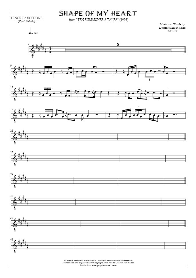 Shape Of My Heart - Notes for tenor saxophone - melody line