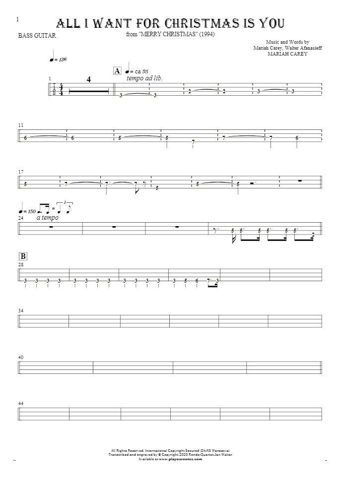 All I Want For Christmas Is You - Tablature (rhythm. values) for bass guitar