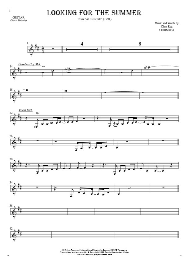 Looking For The Summer - Notes for guitar - melody line