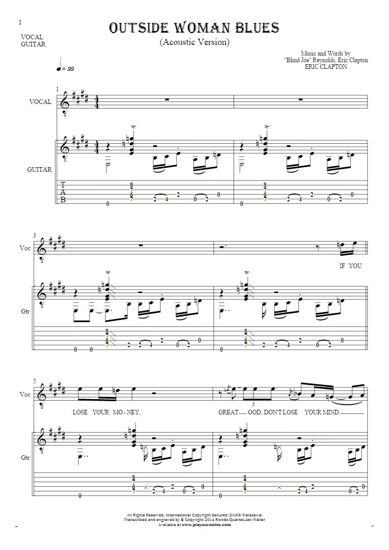 Outside Woman Blues - Notes, tablature and lyrics for solo voice with accompaniment