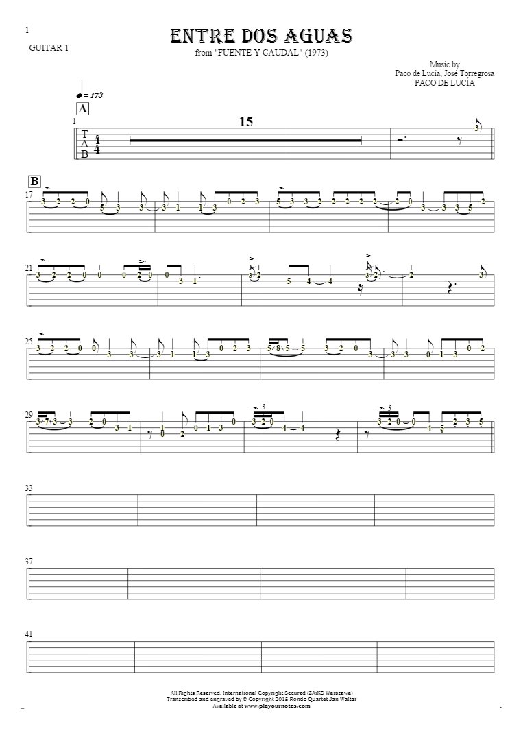 Entre dos aguas - Tablature (rhythm values) for guitar - guitar 1 part