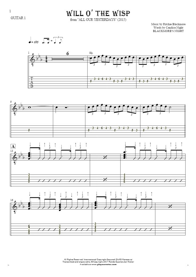 Will O' The Wisp - Notes and tablature for guitar - guitar 1 part