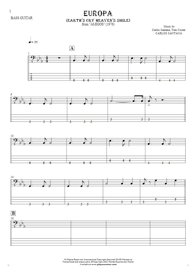 Europa (Earth's Cry Heaven's Smile) - Notes and tablature for bass guitar