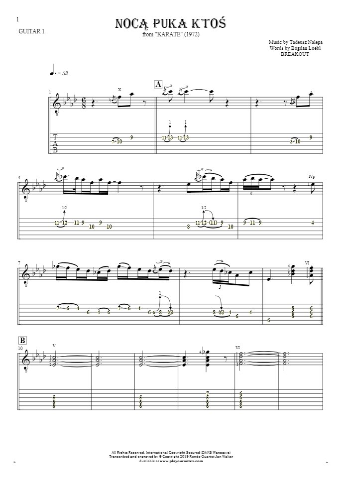 Somebody's Knocking At The Door At Nigh - Notes and tablature for guitar - guitar 1 part
