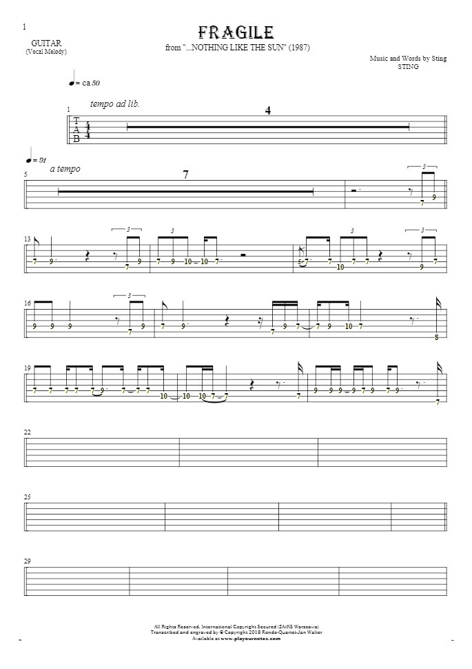 Fragile - Tabulatura (wartości rytm.) na gitarę - linia melodyczna