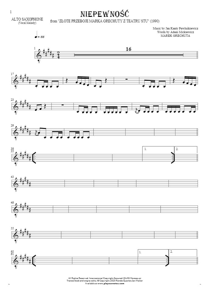 Uncertainty - Notes for alto saxophone - melody line
